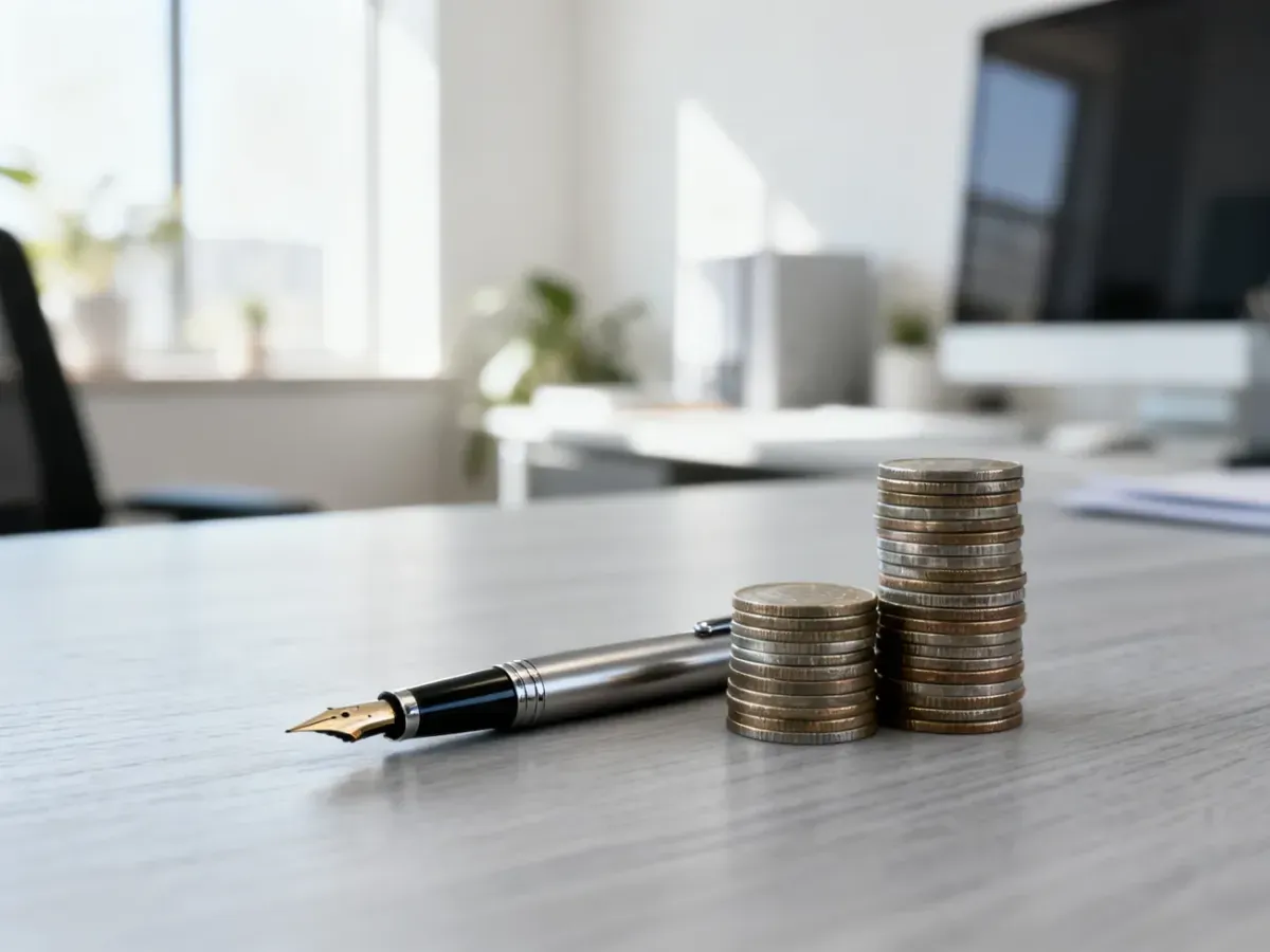 Stos monet i pióro wieczne na biurku, symbolizujące planowanie finansów i obliczanie wynagrodzenia.