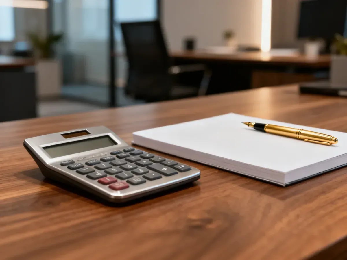 Eleganckie biurko z kalkulatorem i notatnikiem, symbolizujące profesjonalne planowanie finansów i budżetu.