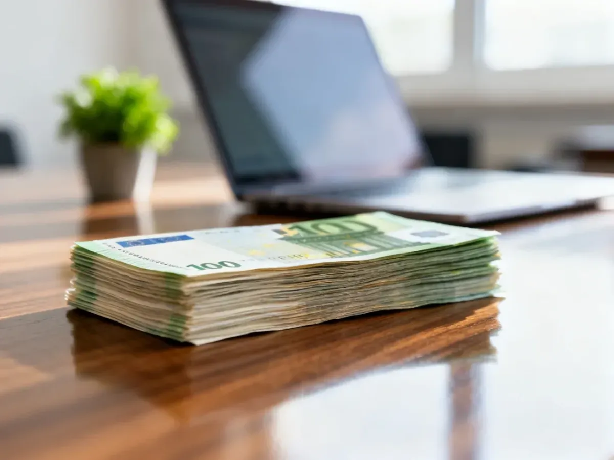 Stos banknotów euro na drewnianym biurku, symbolizujący przeliczanie walut i finanse.