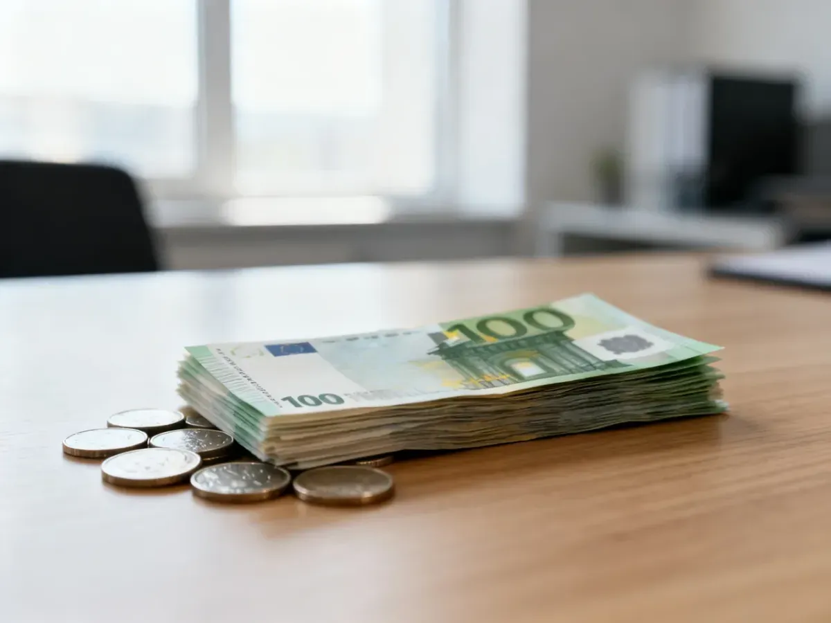 Stos monet i banknotów euro na drewnianym biurku, symbolizujący finanse i rozliczenia wynagrodzeń.