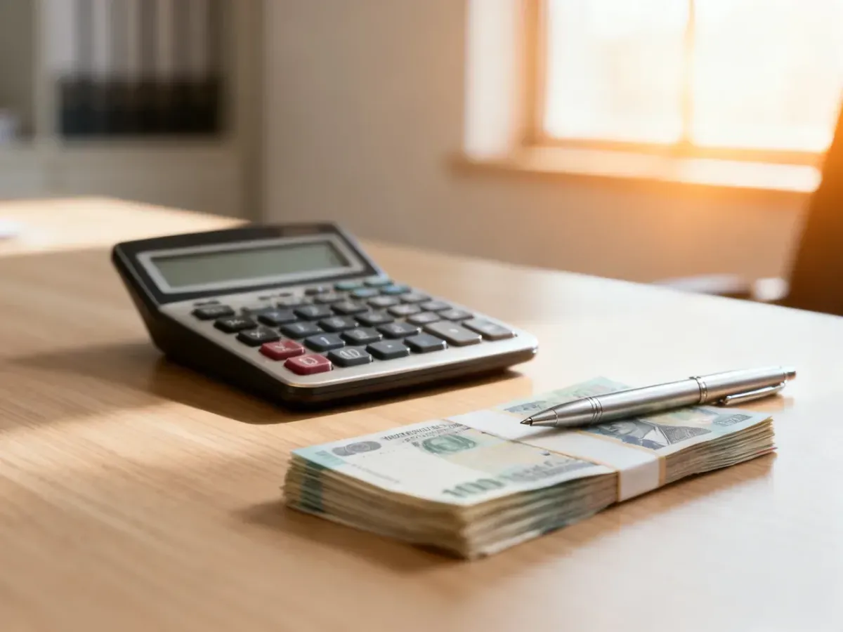 Kalkulator, banknoty i długopis na biurku, symbolizujące obliczenia finansowe i planowanie budżetu.