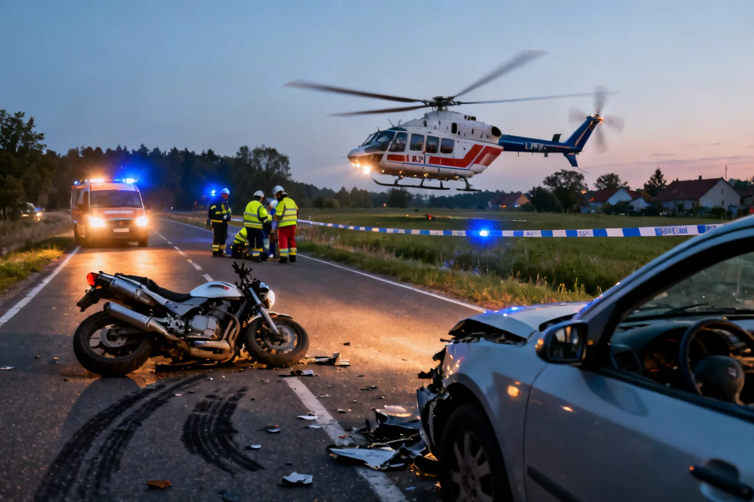 Zderzenie samochodu z motocyklem w Sikorzu – dwie osoby ranne, lądował LPR