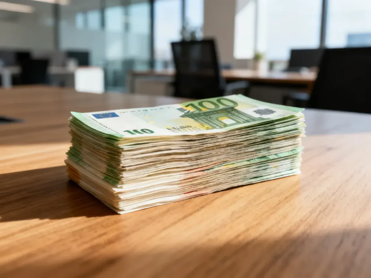 Stos banknotów euro leżący na drewnianym stole w nowoczesnym biurze, symbolizujący przelicznik walut.